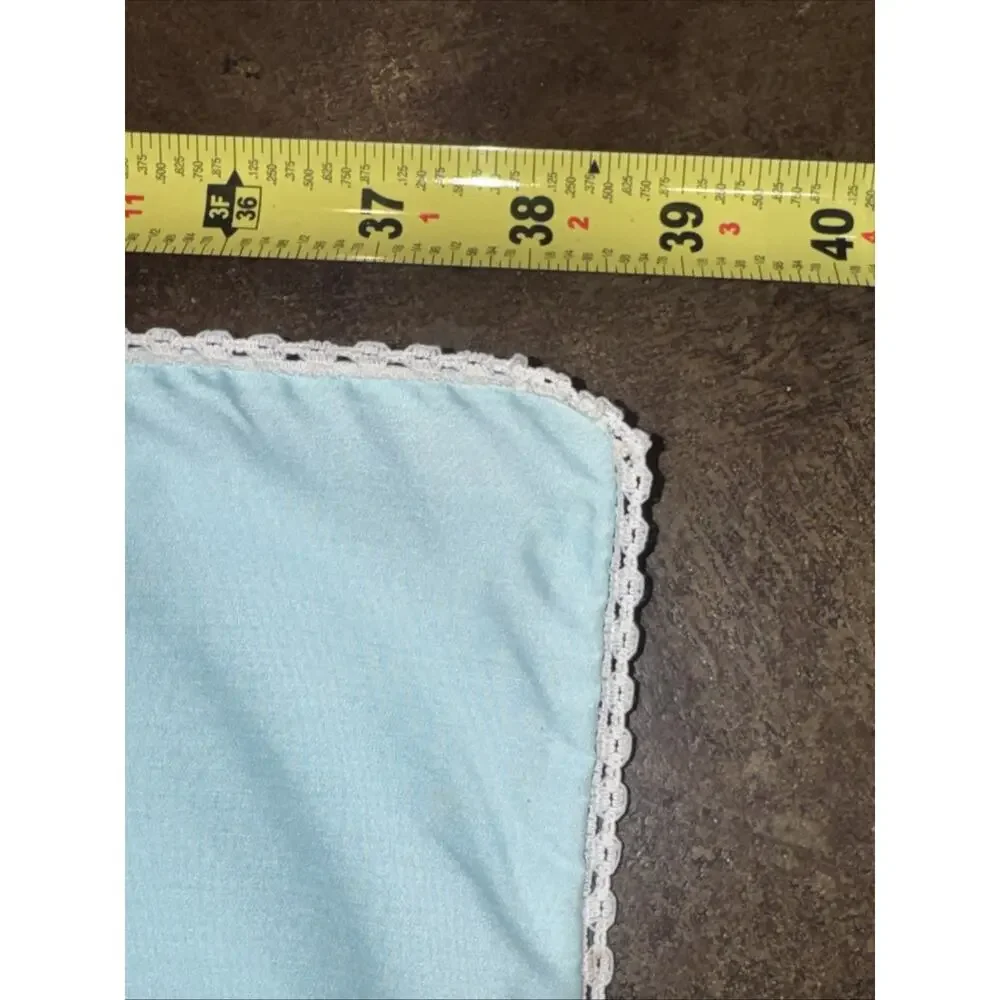 Vtg 60s 70s Baby Blanket Blue Embroidered Bunny Crochet Lace Cottagecore 43x39”